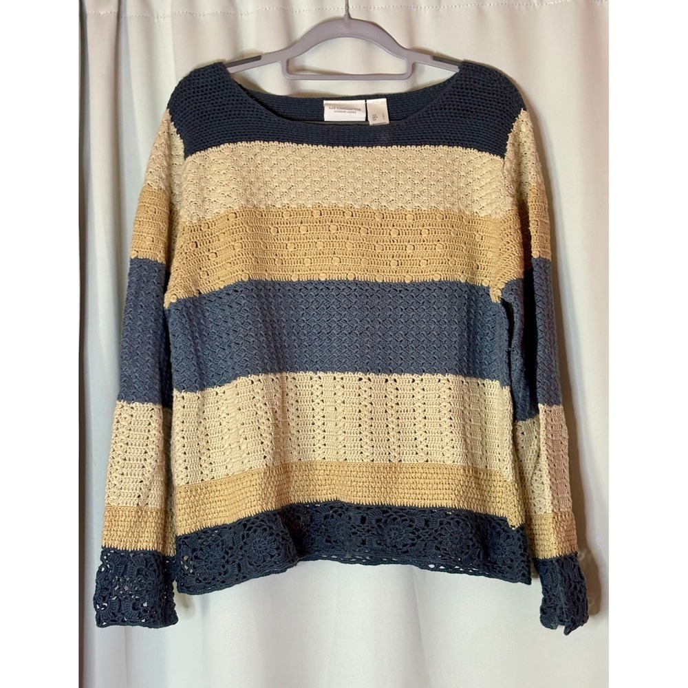 Liz Claiborne Jeans Women L Striped Crochet Knit Sweater Navy Tan Ramie Cotton